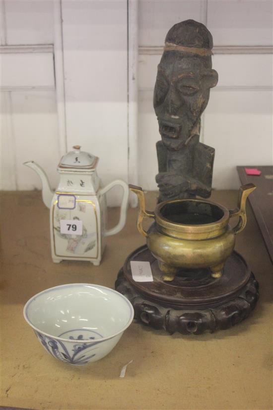Chinese bow, teapot censer, wood stand & African wood figure